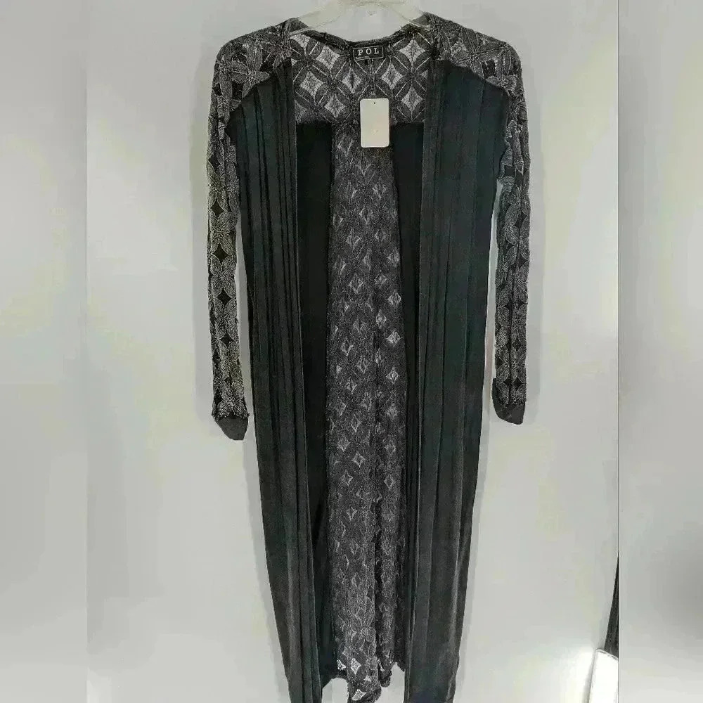 POL open Front Long Sleeve Duster Cardigan Size Small Black/ Gray Lacey